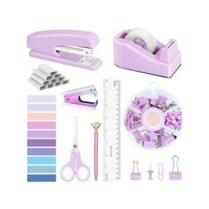 Accessoires de bureau violets, ensemble de fournitures de bureau, agrafeuse et distributeur de ruban adhésif, dégrafeuse, ciseaux, stylo à bille,…