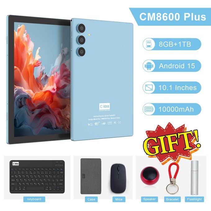 C Idea Tablettes Android 15 de 10,1 pouces, Sim 8 Go + 1 To avec clavier et souris, PC tablette à longue autonomie