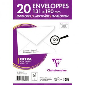 Clairefontaine 3400C – Paquet de 20 Enveloppes Blanches 131x190mm