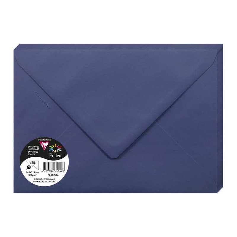 Clairefontaine 5642C Paquet de 20 Grandes Enveloppes 16,2x22,9cm Bleu Nuit