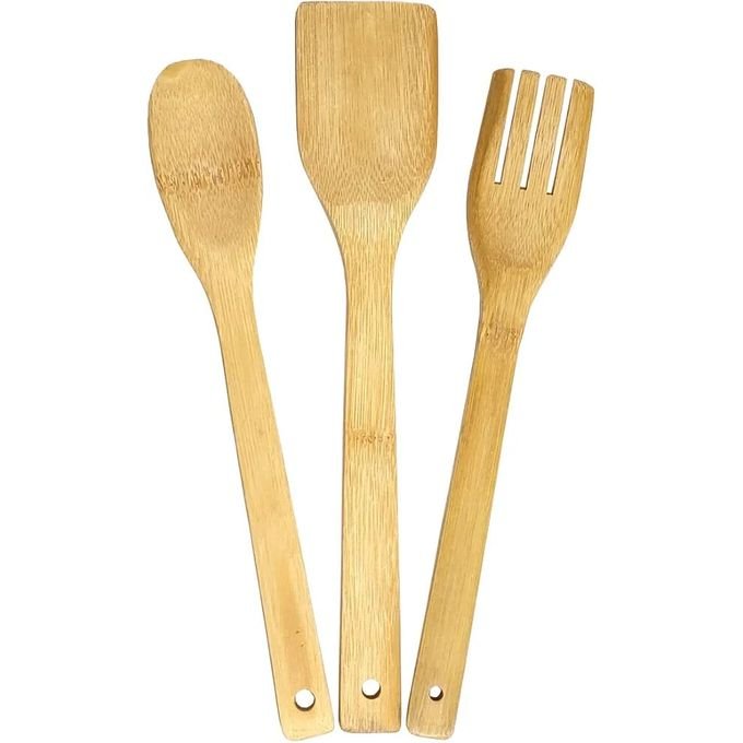 Ensemble 3 Ustensiles De Cuisine En Bois De Bambou - cuillères et fourchettes en bois - ensemble cuillere fourchette