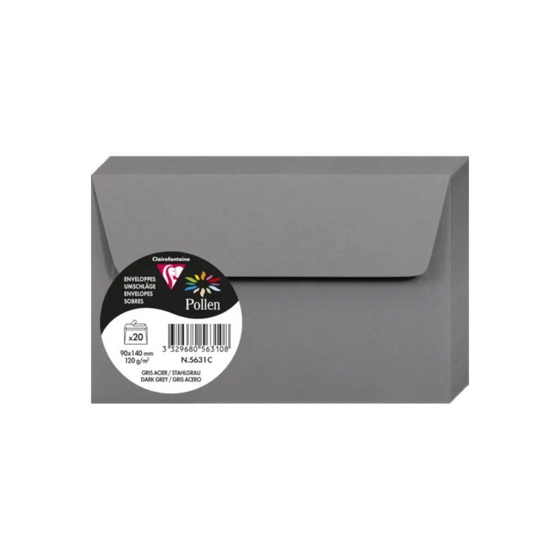 Enveloppes - Format Rectangle - 90x140mm - Pollen - Gris Acier - 20 Unités - Clairefontaine