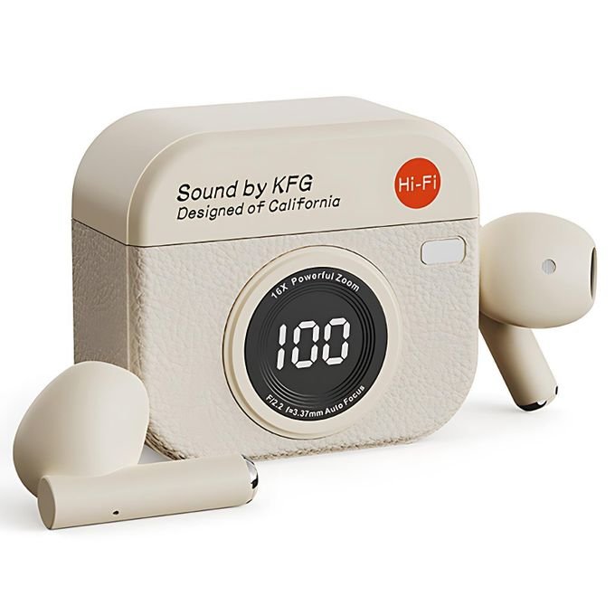 GtyGo Casque sans fil Bluetooth 5.4 Écouteurs Sport avec affichage LED couleur beige