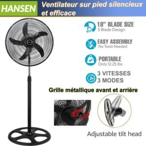 HANSEN (18 pouces) Ventilateur sur pied silencieux à 3 vitesses de 45 cm