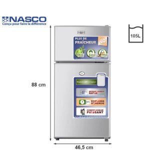 Nasco Refrigérateur 2 battants – Knasf2-115 – 105 Lt (59Lt+46Lt) – Avec Cle – Argent – Garantie 12 Mois