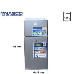 Nasco Refrigerateur – Knasf2-210 – 125 Lt (81Lt+44Lt) / Avec Cle / Argent / 220-240V – Garantie 12 Mois