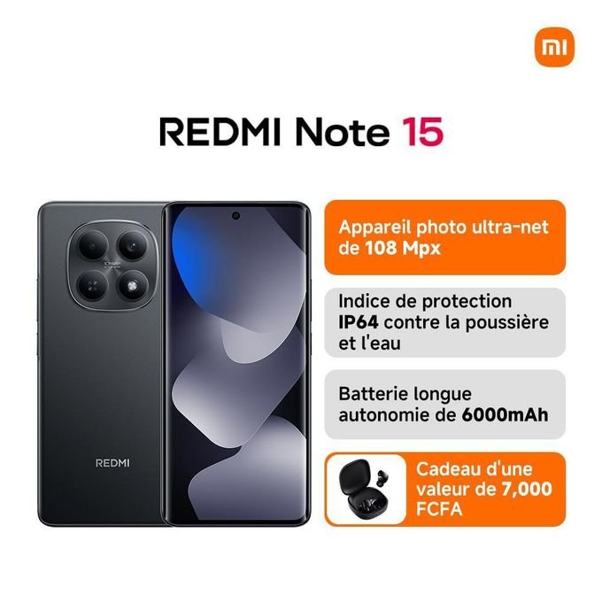 Xiaomi Redmi Note 15 - 6.77" AMOLED - 2SIM - 4G - 108Mpx - 8/256 Go - Noir - Garantie 12 Mois + Redmi Buds 6 Play