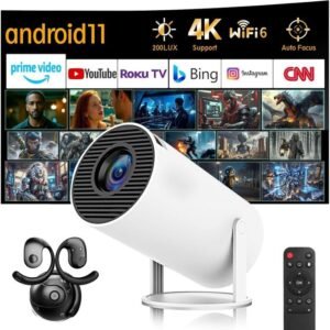 YUUIKLLE Projecteur Vidéo Portable Home Cinema 4K HD – WiFi 6 5G, Bluetooth 5.0, Android 11, Comprend des écouteurs à crochet