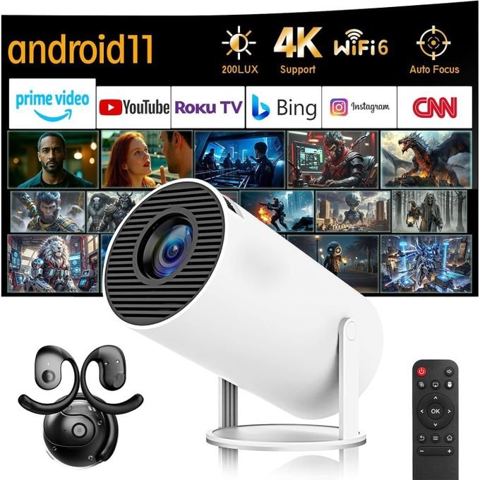 YUUIKLLE Projecteur Vidéo Portable Home Cinema 4K HD – WiFi 6 5G, Bluetooth 5.0, Android 11, Comprend des écouteurs à crochet